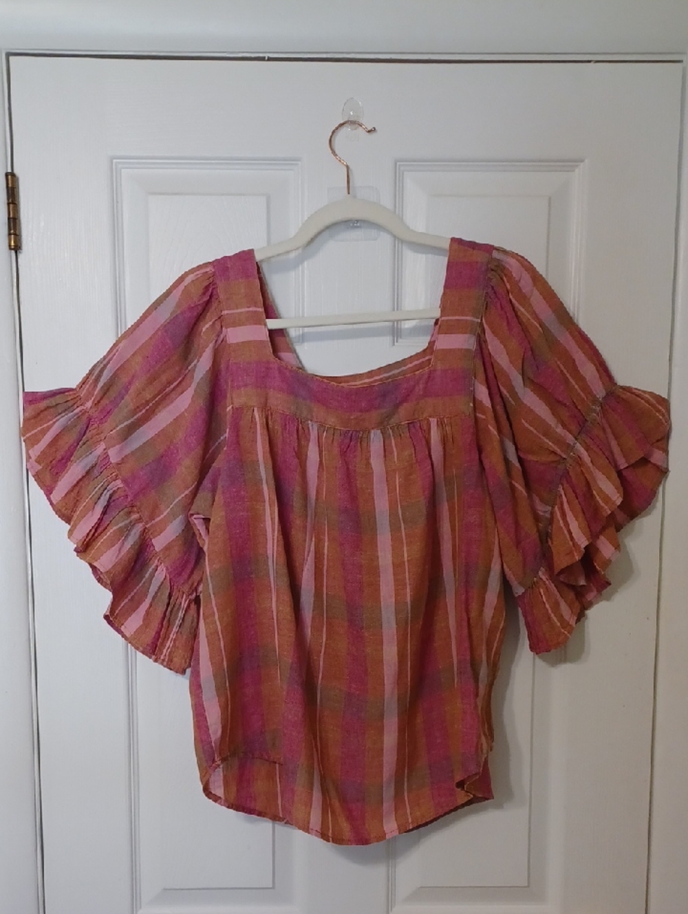 beachlunchlounge Sz L, Naomi, Shades Of Pink Plaid, Linen Blend Blouse. NWOT